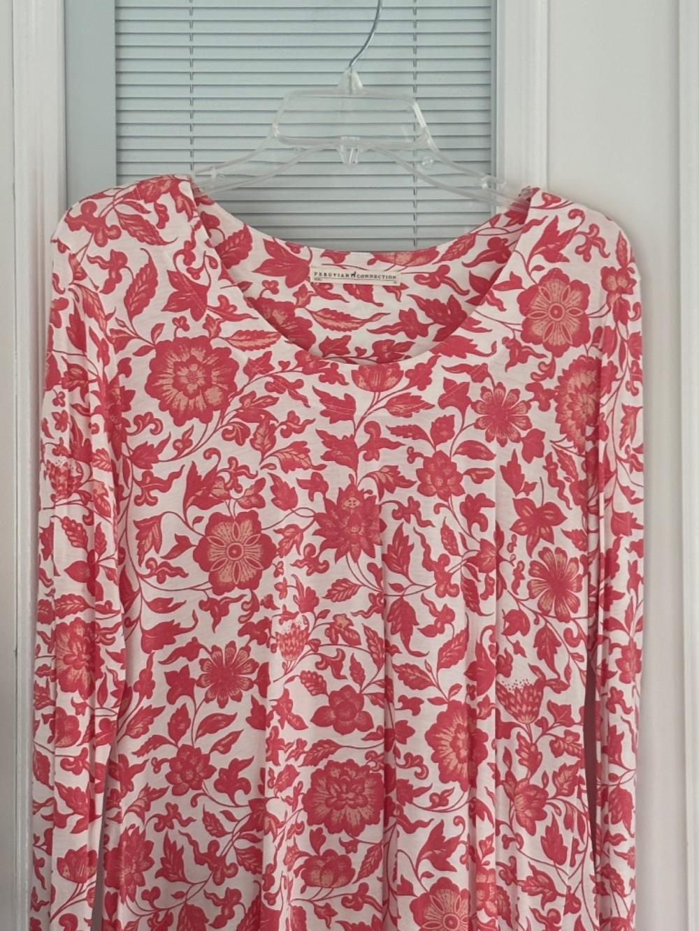 Peruvian Connection Coral Pink Floral Pima Cotton Tunic Sz M
